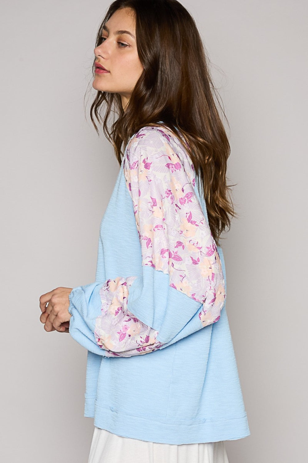 POL Round Neck Balloon Floral Long Sleeve Top Top Trendsi   