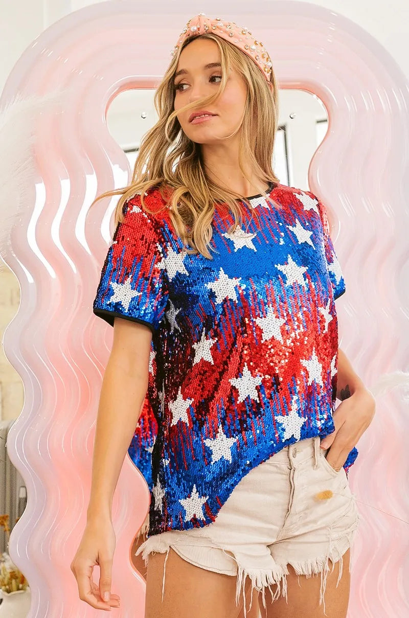 BiBi American Flag Theme Star Pattern Sequin Top - NeoKira Unlimited
