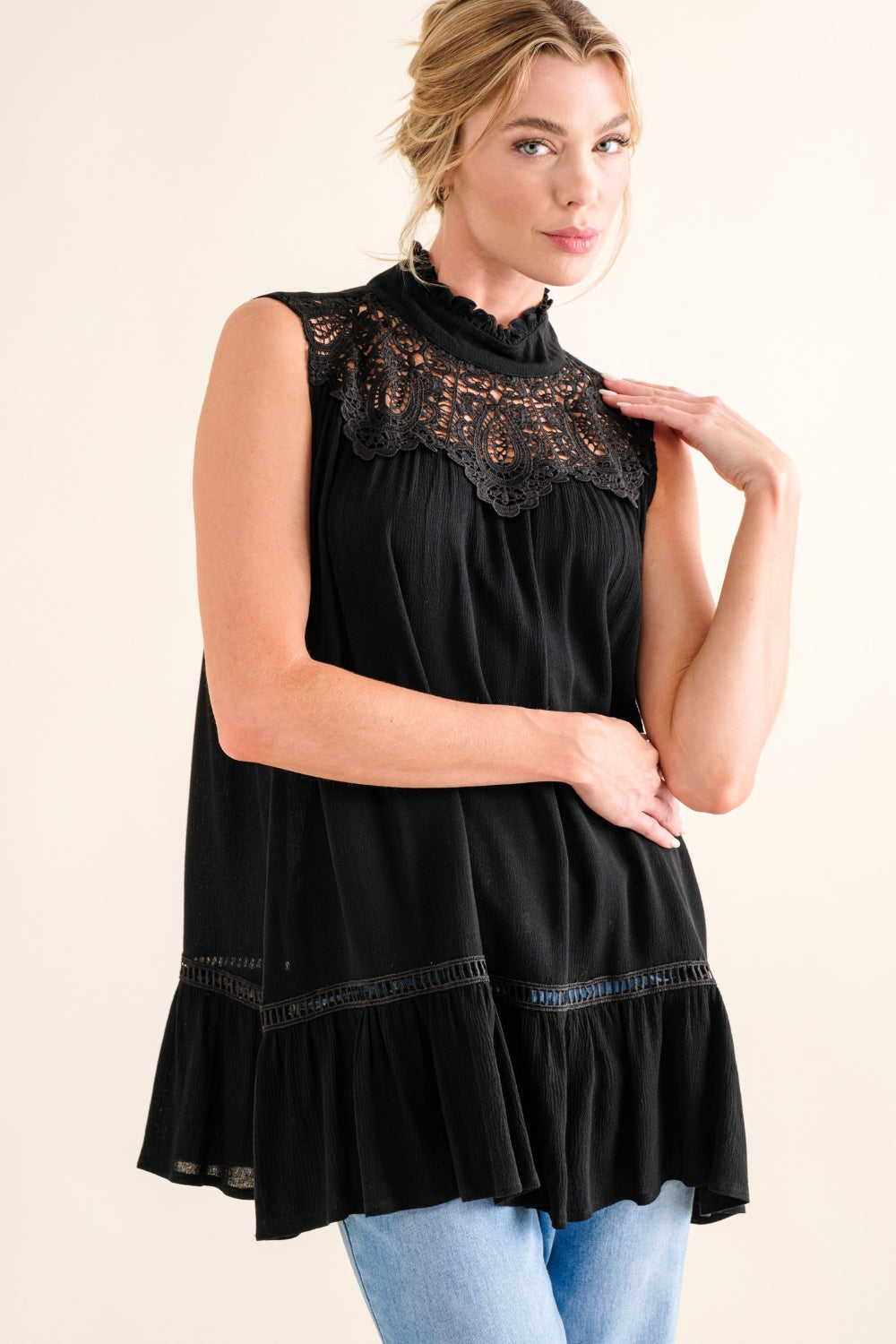 And The Why Lace Detail Sleeveless Ruffled Top - NeoKira Unlimited