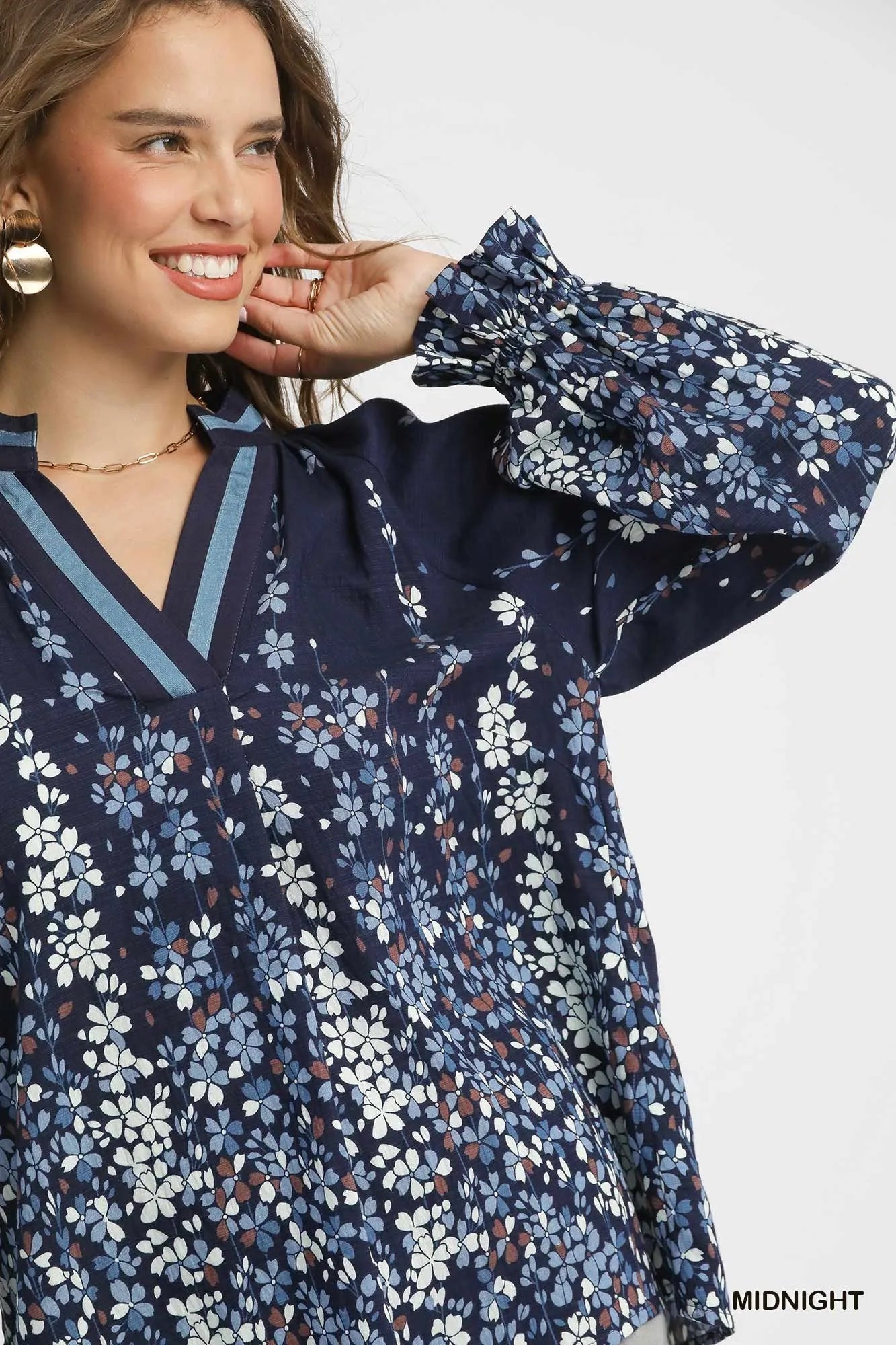 Umgee Floral Vine Print Blouse with Balloon Sleeves – Plus Size Boho Chic - NeoKira Unlimited