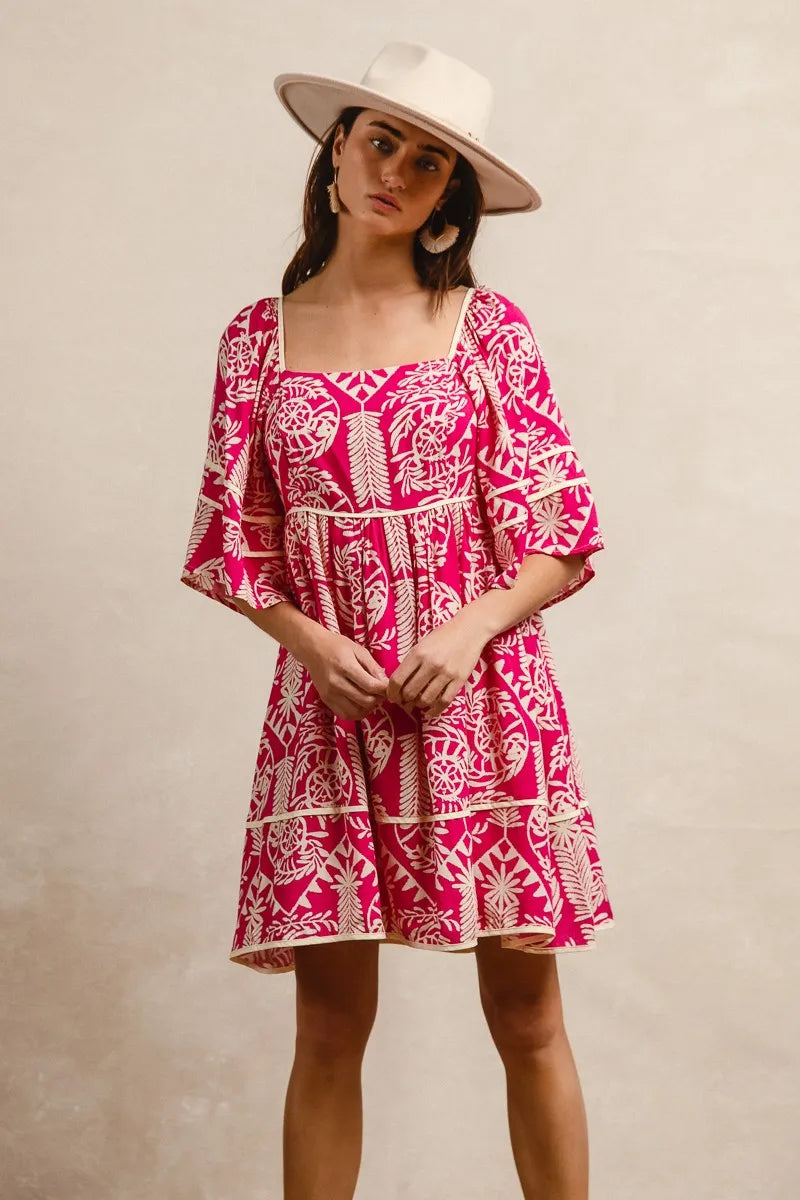 BiBi Aztec Woven Printed Contrast Binding Dress - NeoKira Unlimited