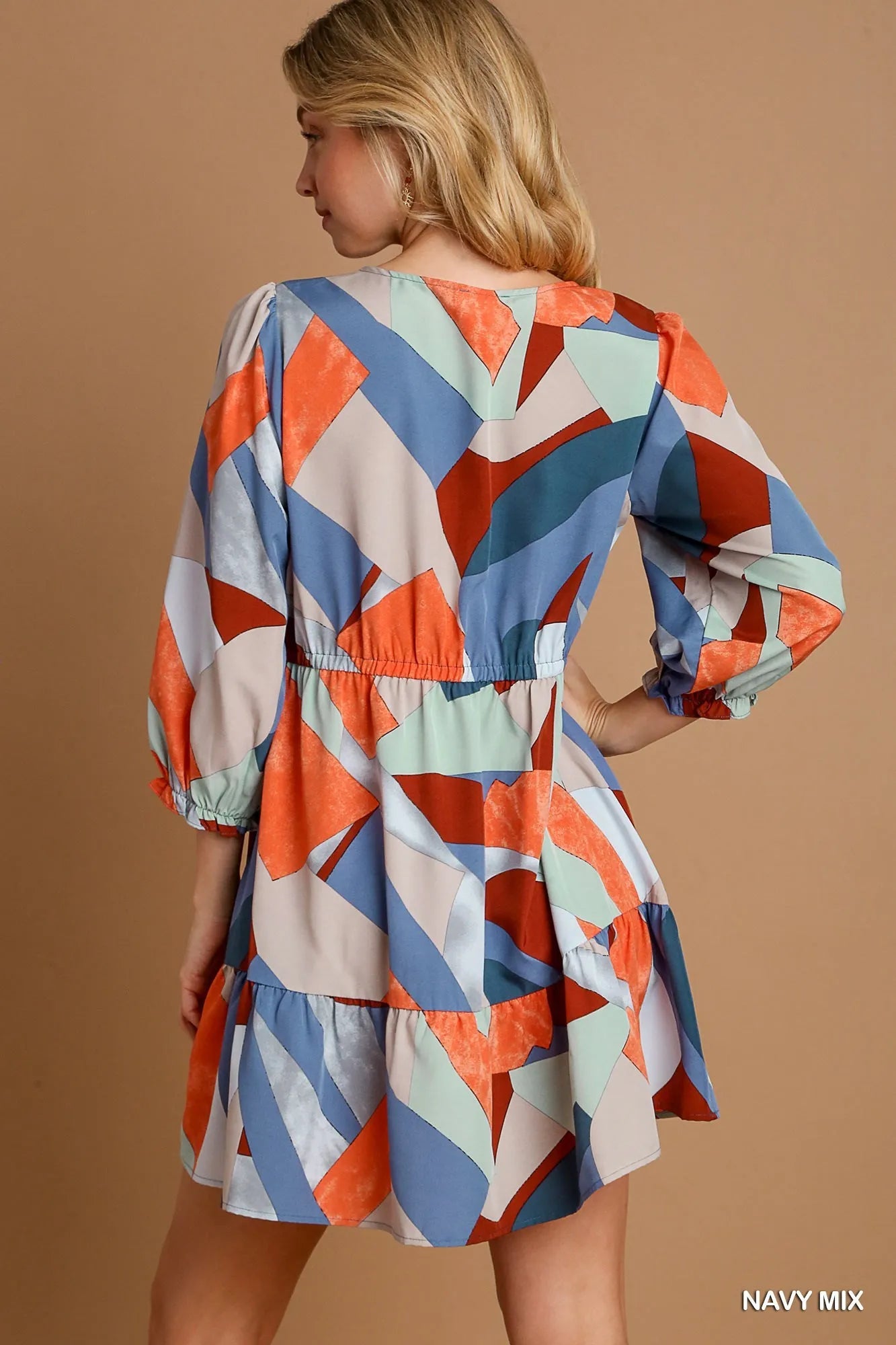Umgee Abstract Geometric V-Neck Tiered Printed Dress - NeoKira Unlimited