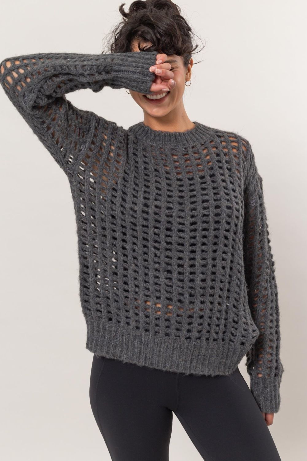 HYFVE Openwork Round Neck Long Sleeve Knit Cover Up - NeoKira Unlimited