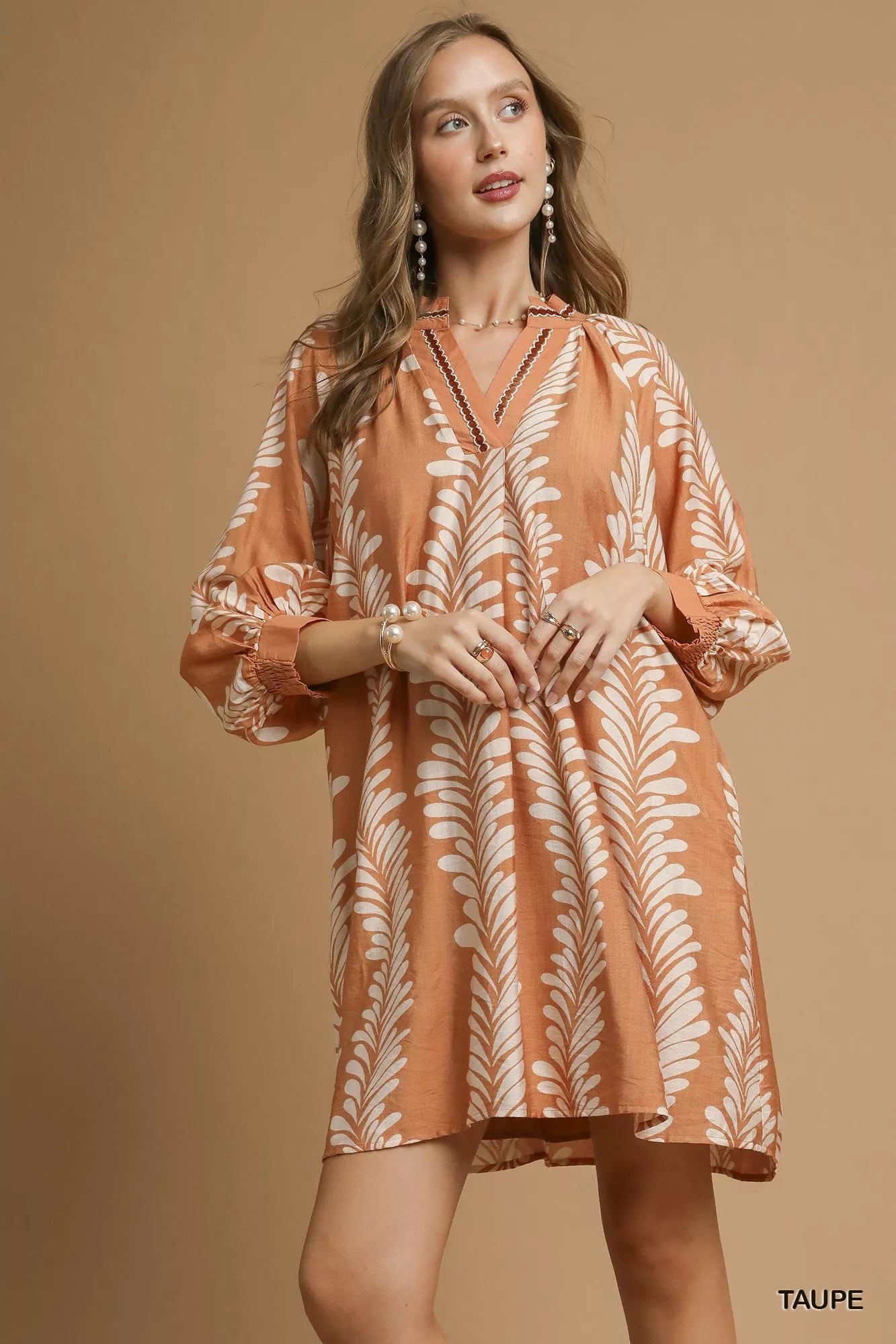 Umgee Leaf Print Notched Mini Babydoll Dress | Boho Chic Casual Outfit - NeoKira Unlimited