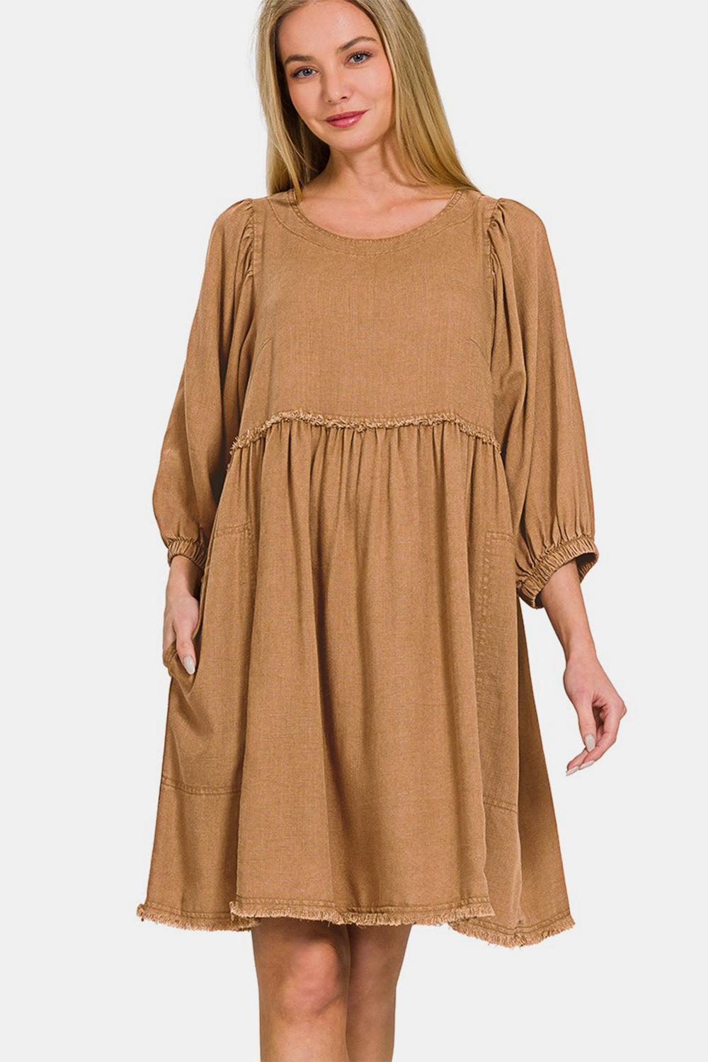 Zenana Washed Linen Pleated Puff Sleeve Babydoll Dress Mini Dress Trendsi Deep Camel S 