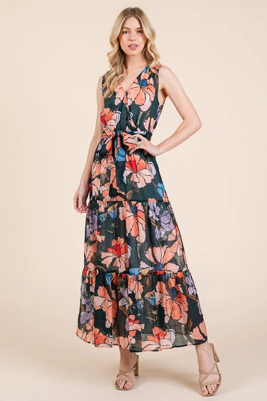 Lime 'N' Chili Floral Print Sleeveless Tie Waist Maxi Dress Feminine Flowing - NeoKira Unlimited