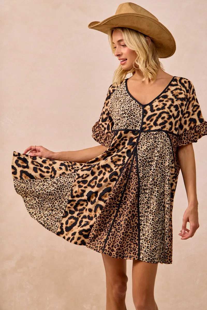 BiBi Leopard Print Mini Dress – V-Neck Flutter Sleeve Belted Fit - NeoKira Unlimited