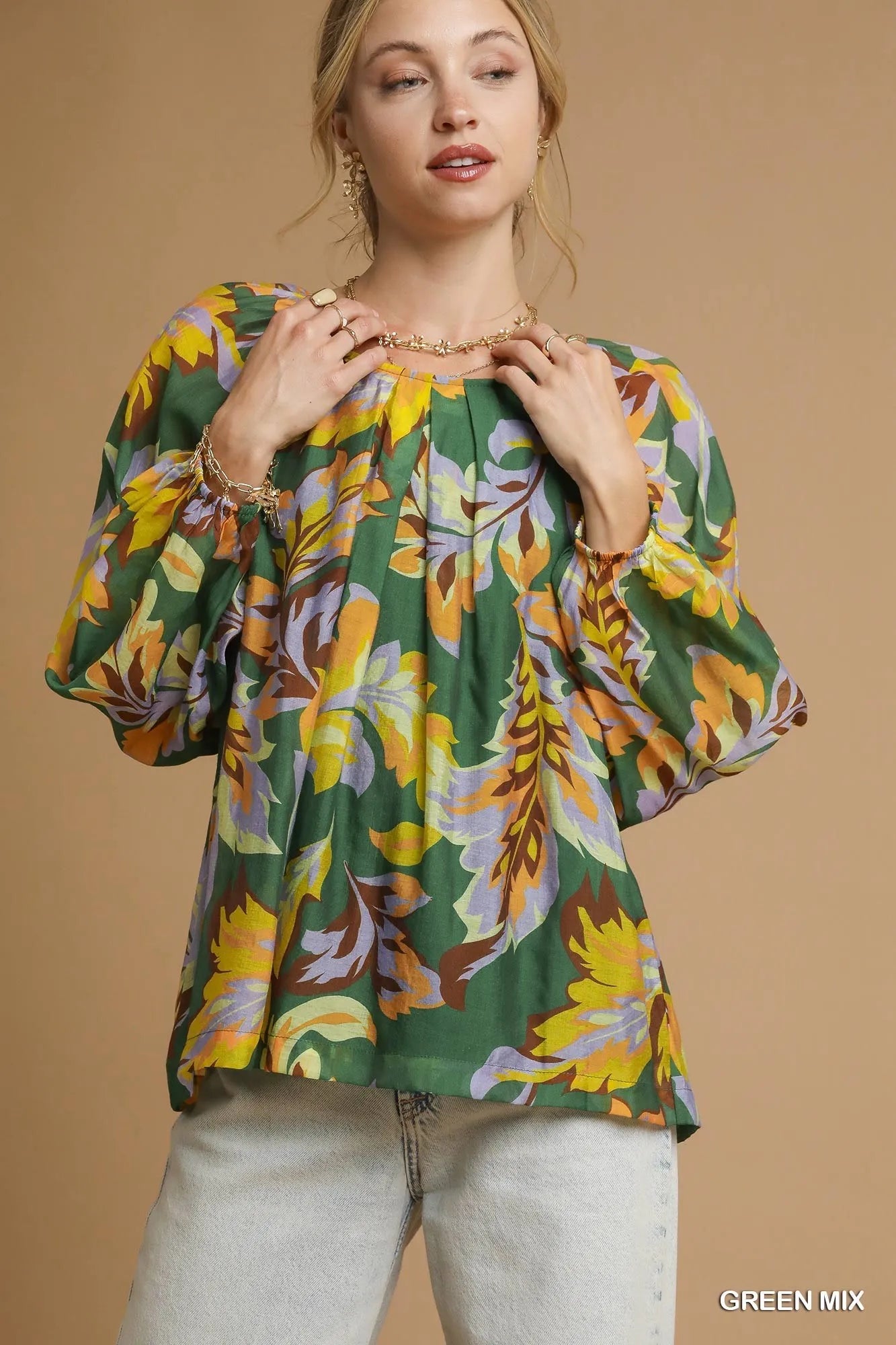 Umgee Green Mix Floral Print Balloon Sleeve Blouse Retro Boho Chic - NeoKira Unlimited