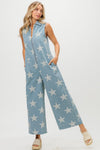 BiBi Star Print Half Zip Sleeveless Denim Jumpsuit Jumpsuits Trendsi   