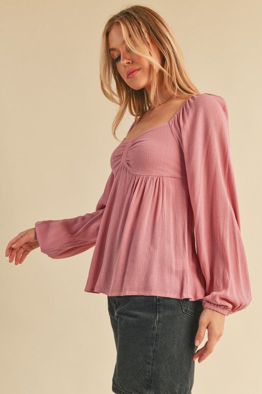 Aemi + Co Ruched Sweetheart Neck Balloon Sleeve Blouse - NeoKira Unlimited