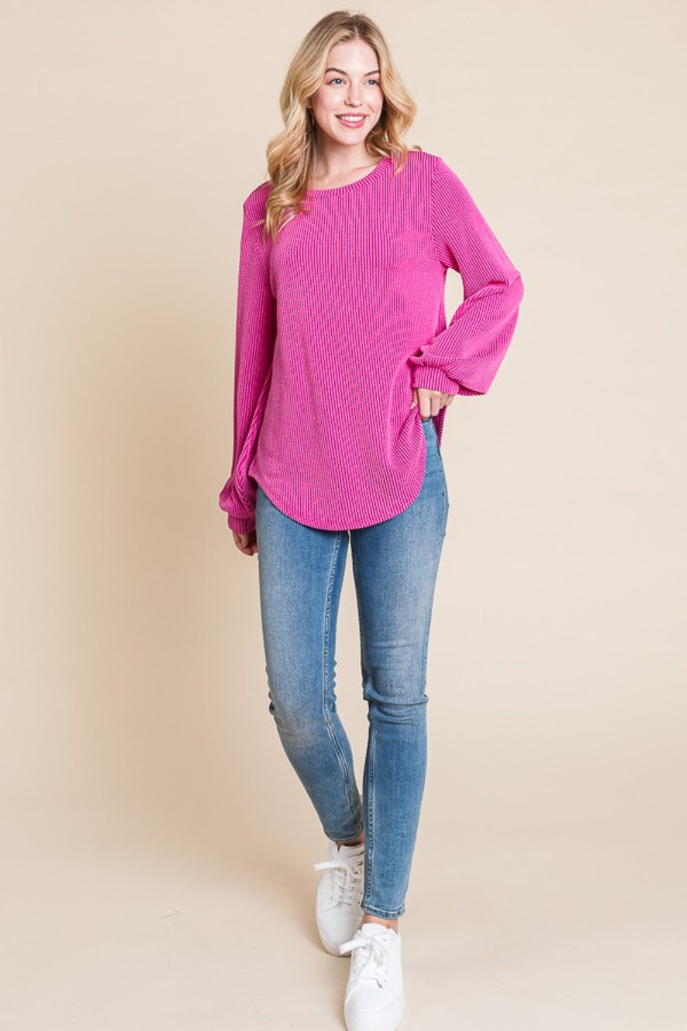 BOMBOM Long Sleeve Curved Hem Ribbed T-Shirt T-Shirt Trendsi   