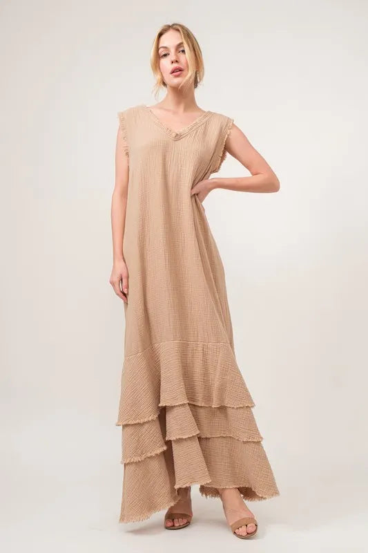 And The Why Washed Cotton Gauze Fringe Detail Tiered Dress - NeoKira Unlimited