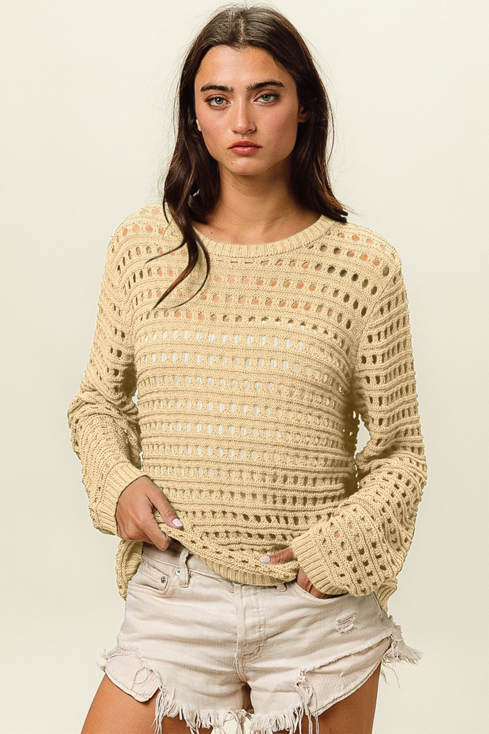 BiBi Round Neck Openwork Knit Cover Up - NeoKira Unlimited