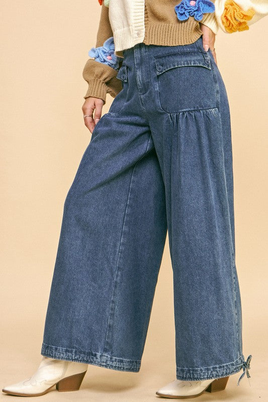 Davi & Dani Drawstring Hem Wide Leg Mid Rise Jeans - NeoKira Unlimited