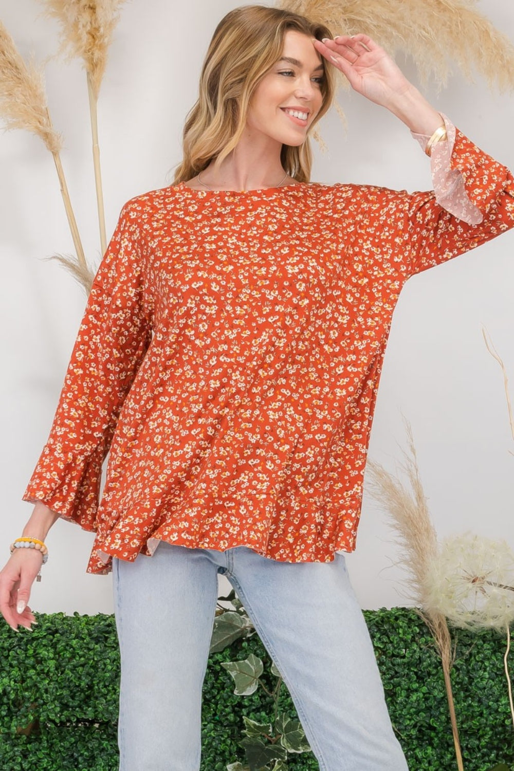 Celeste Full Size Floral Ruffle Detail Top Top Trendsi   