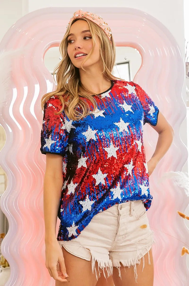 BiBi American Flag Theme Star Pattern Sequin Top - NeoKira Unlimited