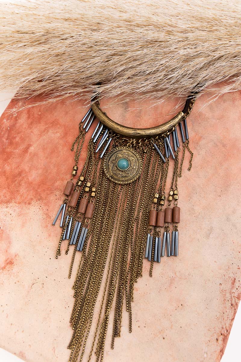 Antique Gold Turquoise Fringe Necklace Necklaces Leto Collection   