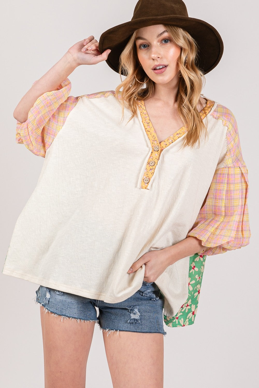 SAGE + FIG Color Block Bubble Sleeve Top Shirt Trendsi Ivory S 