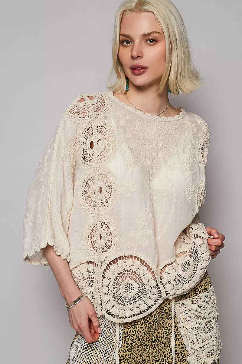 POL Round Neck Crochet Top with Floral Embroidery Detail Boho Chic - NeoKira Unlimited