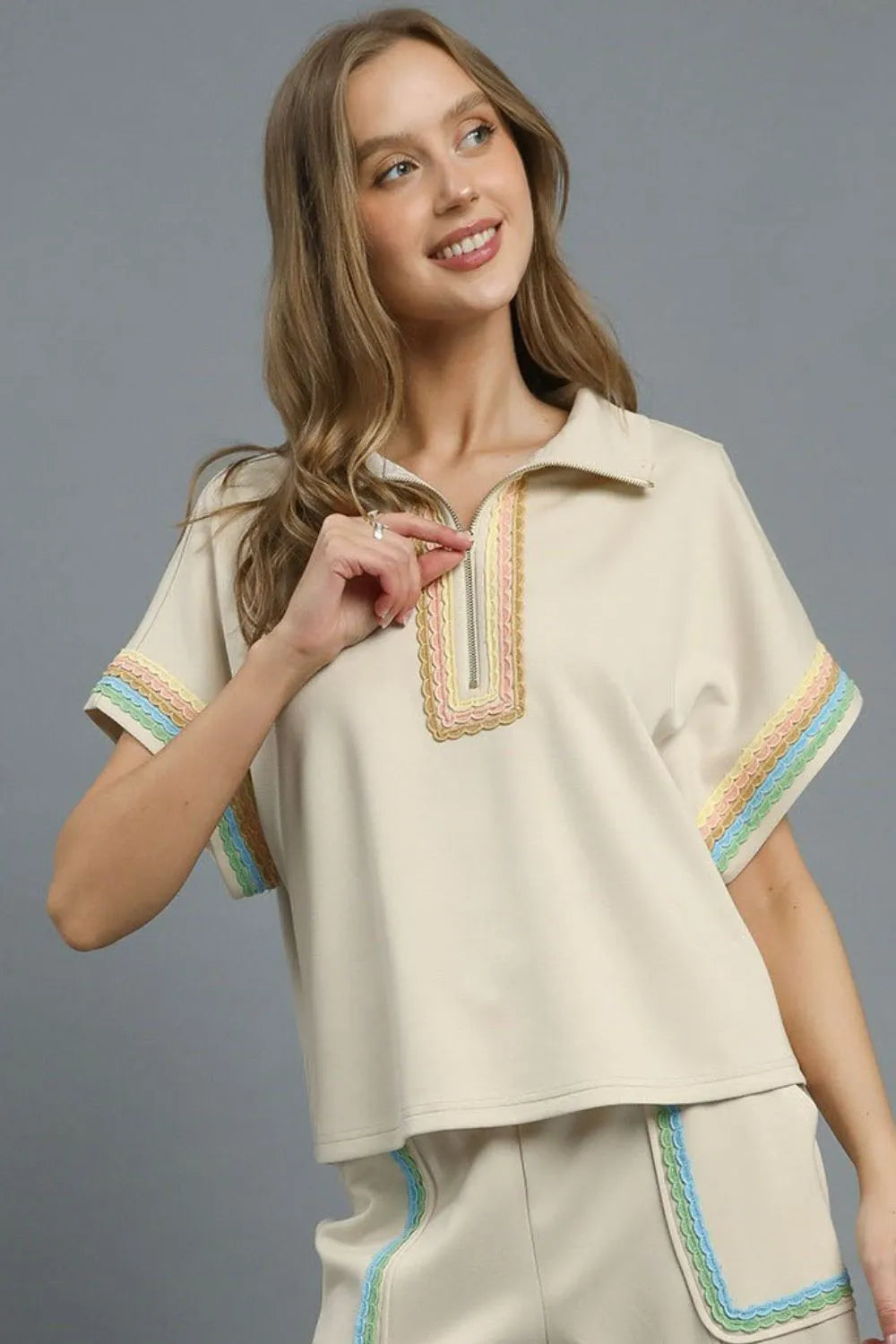 Umgee Boho Chic Artisan Contrast Trim Embroidered Zip Blouse - NeoKira Unlimited