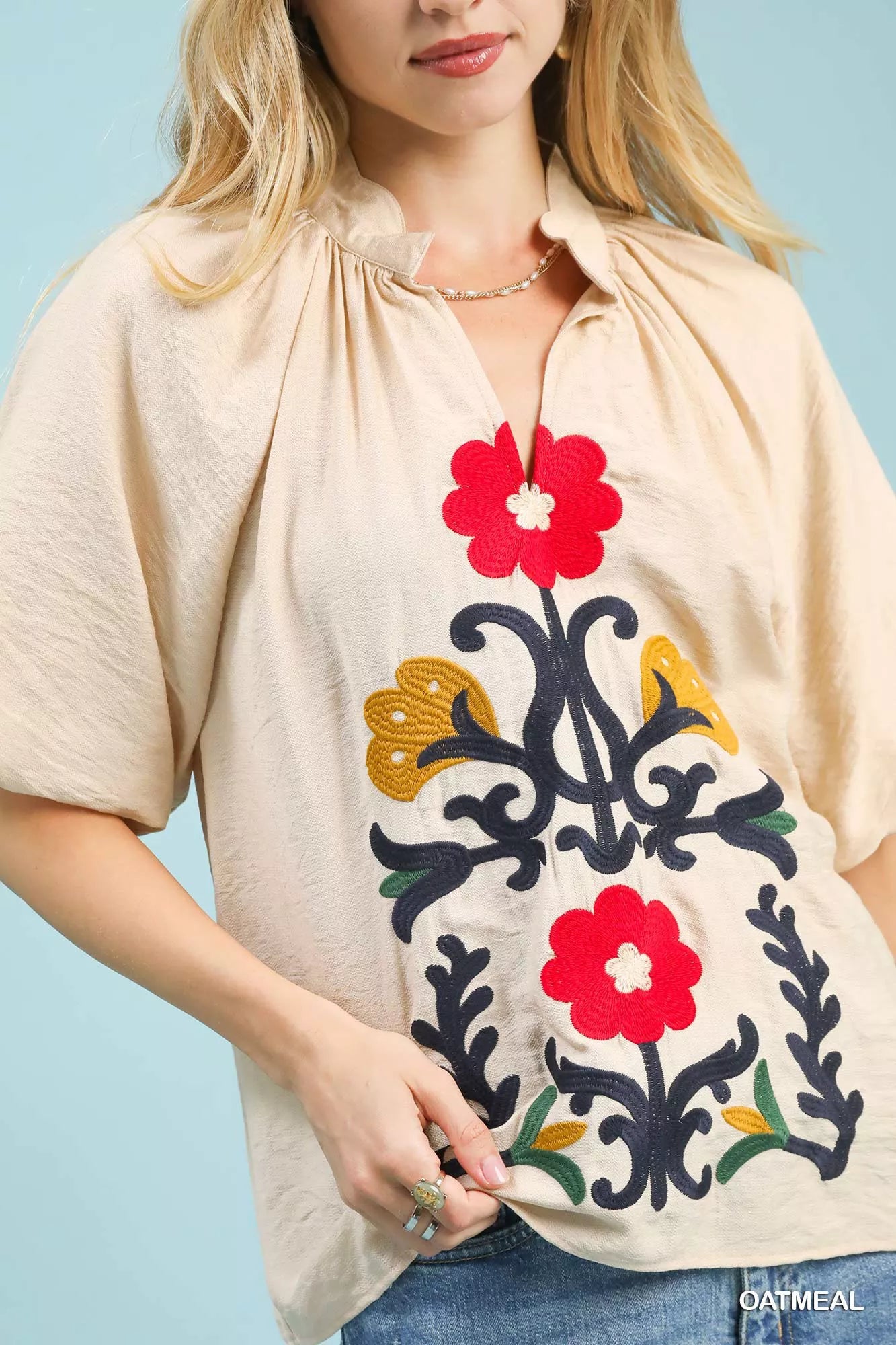 Umgee Embroidered Boho Puff Sleeve Blouse - NeoKira Unlimited