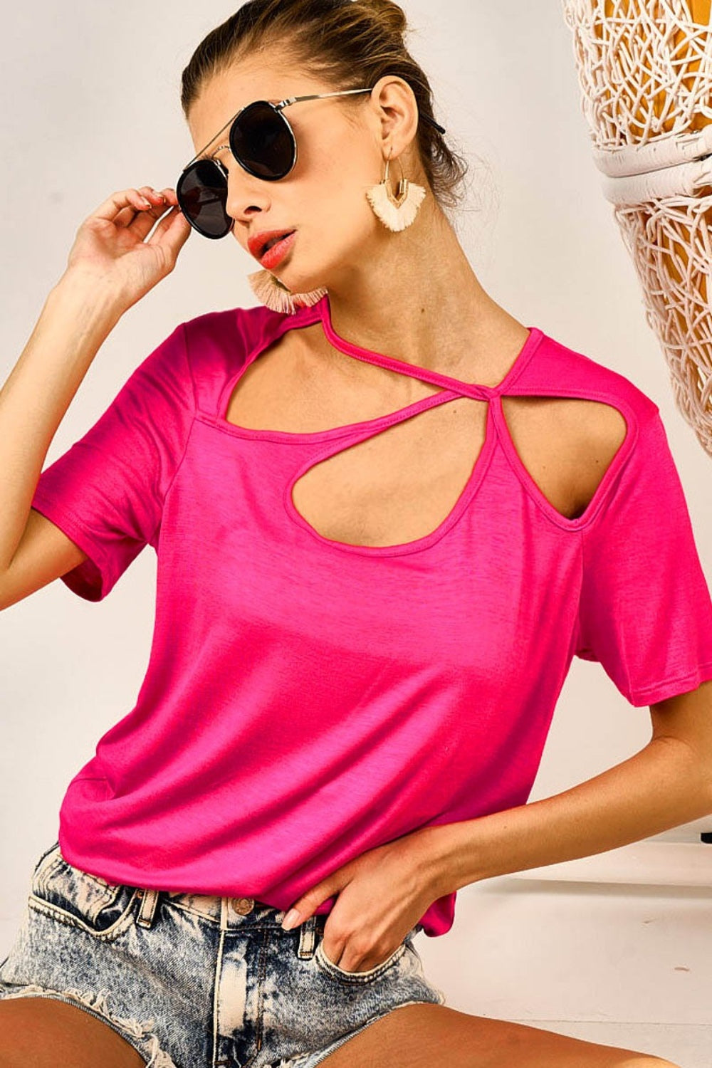 BiBi Cutout Asymmetrical Neck Short Sleeve T-Shirt T-Shirt Trendsi Fuchsia S 