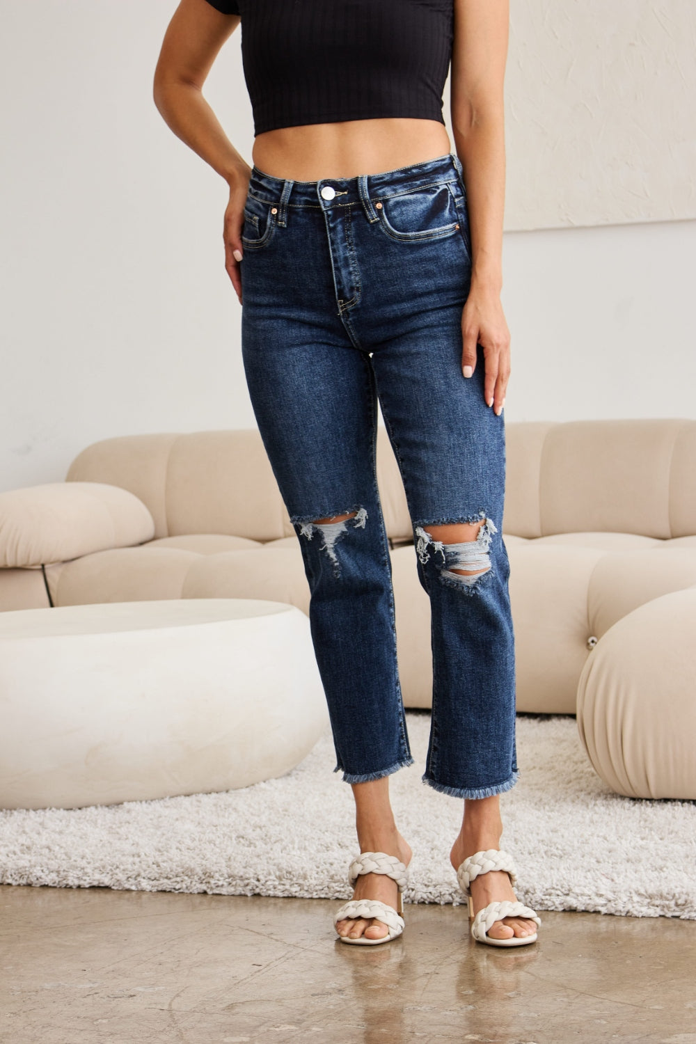 RFM Full Size Tummy Control Distressed High Waist Raw Hem Jeans - NeoKira Unlimited