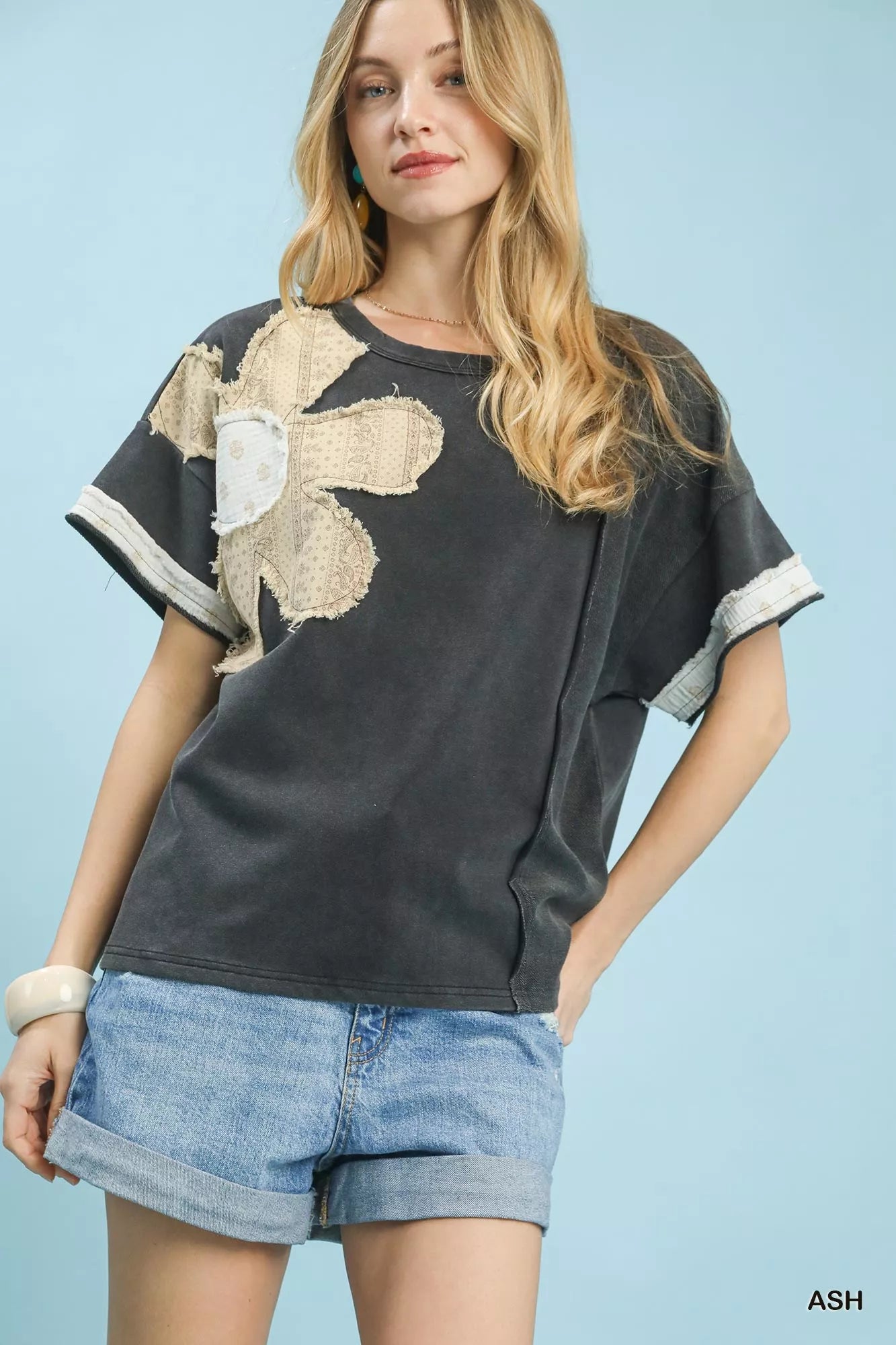 Umgee French Terry Top with Flower Patch Casual Chic - NeoKira Unlimited