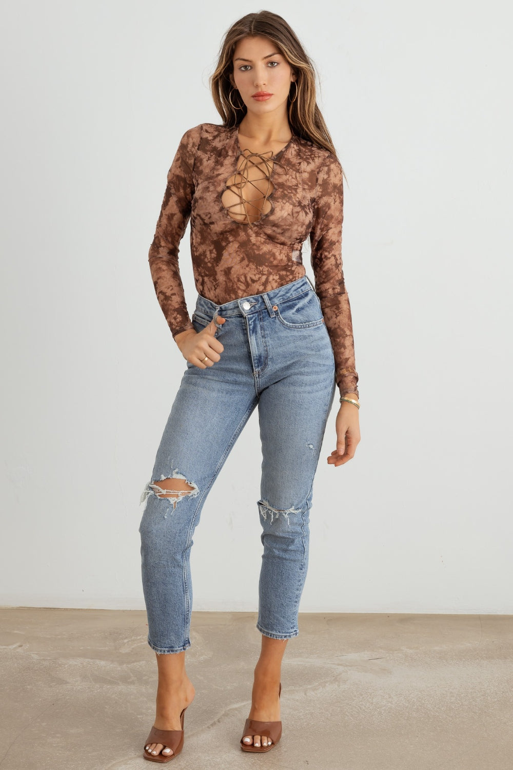 HERA COLLECTION Abstract Mesh Lace-Up Long Sleeve Bodysuit Bodysuit Trendsi   