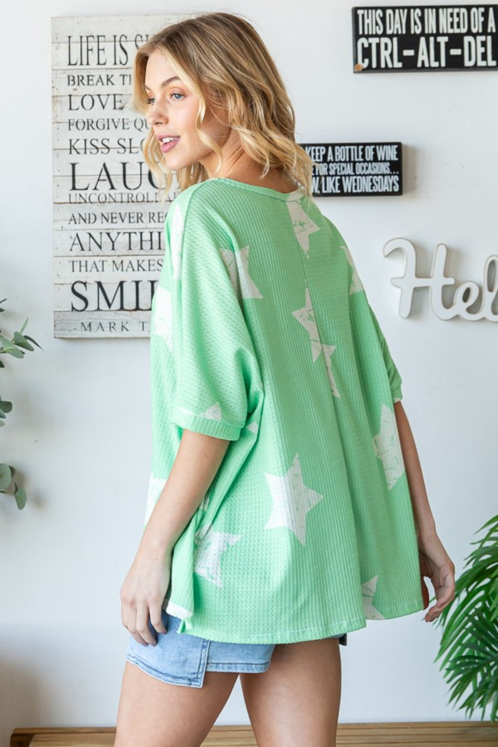 HOPELY Star Pattern Oversized Waffle T-Shirt T-Shirt Trendsi   