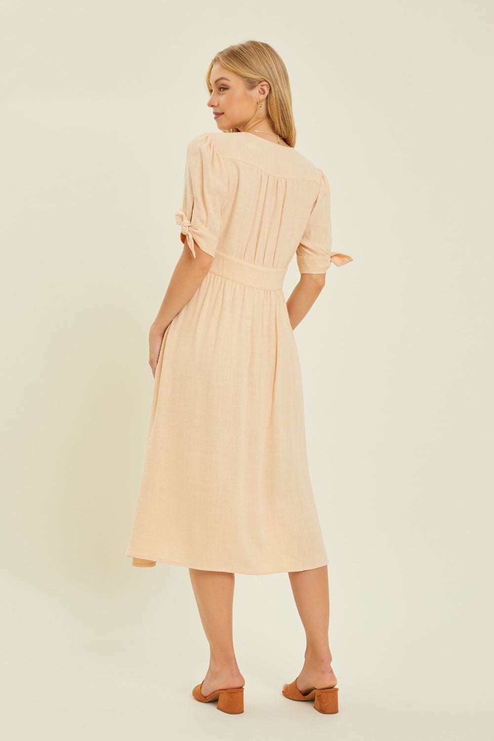 HEYSON Full Size Textured Linen V-Neck Button-Down Midi Dress Midi Dress Trendsi   