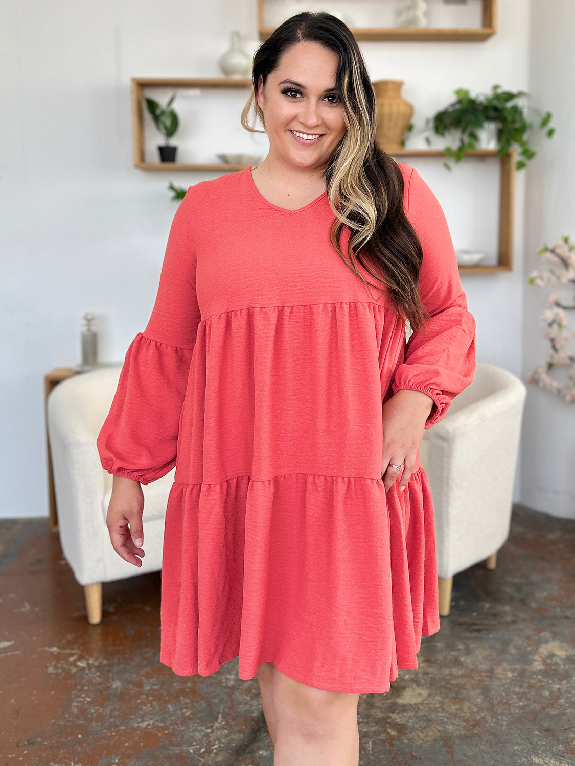 Double Take Full Size V-Neck Balloon Sleeve Tiered Dress Mini Dress Trendsi   