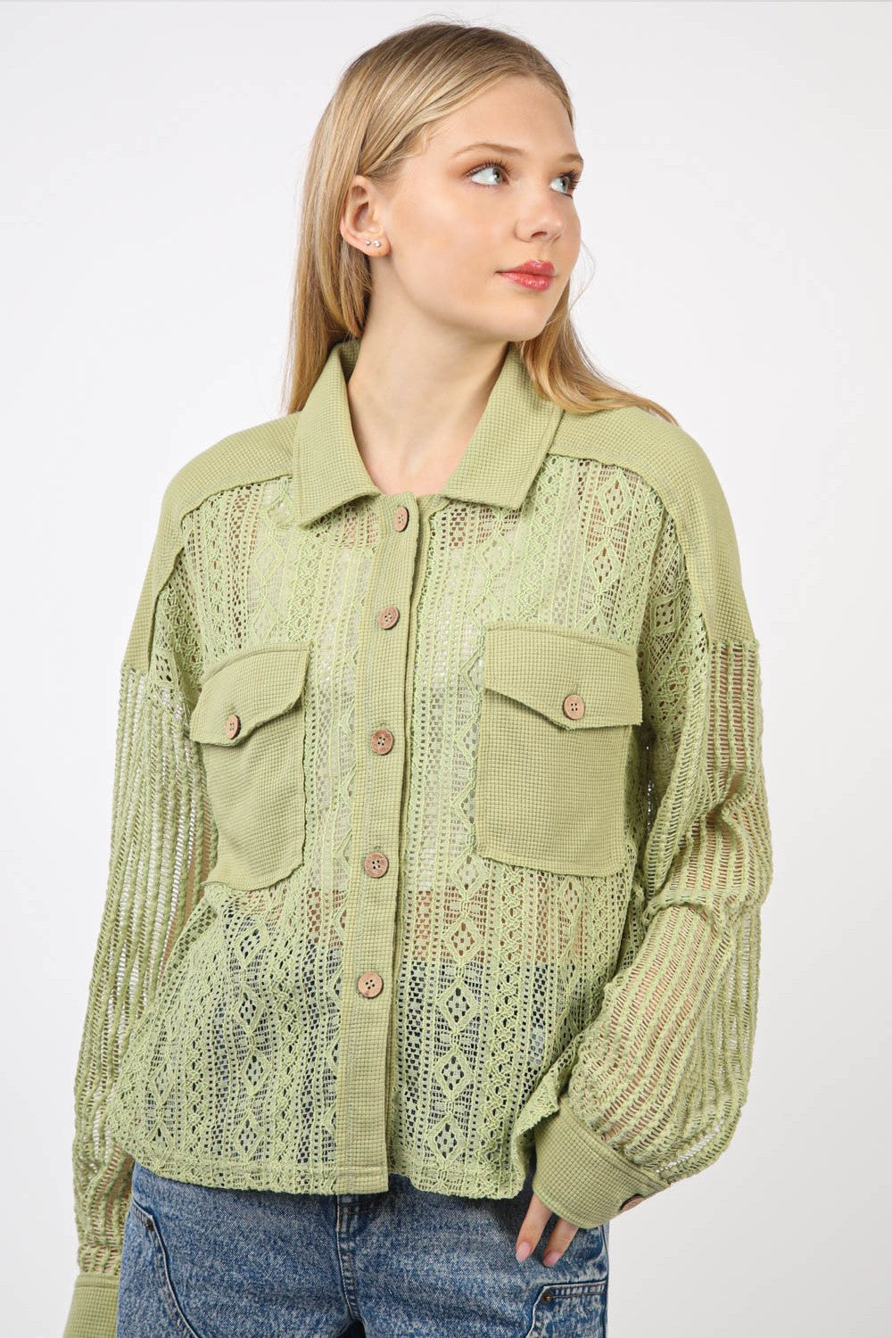 VERY J Button Up Long Sleeve Lace Shirt Shirt Trendsi Sage S 