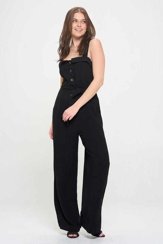 Jade By Jane Sleeveless Adjustable Strap Button Down Jumpsuit  Jumpsuits Jade By Jane BLACK S 