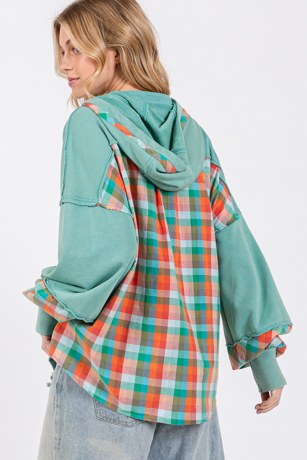 SAGE + FIG Full Size Plaid Print Washed Hoodie - NeoKira Unlimited