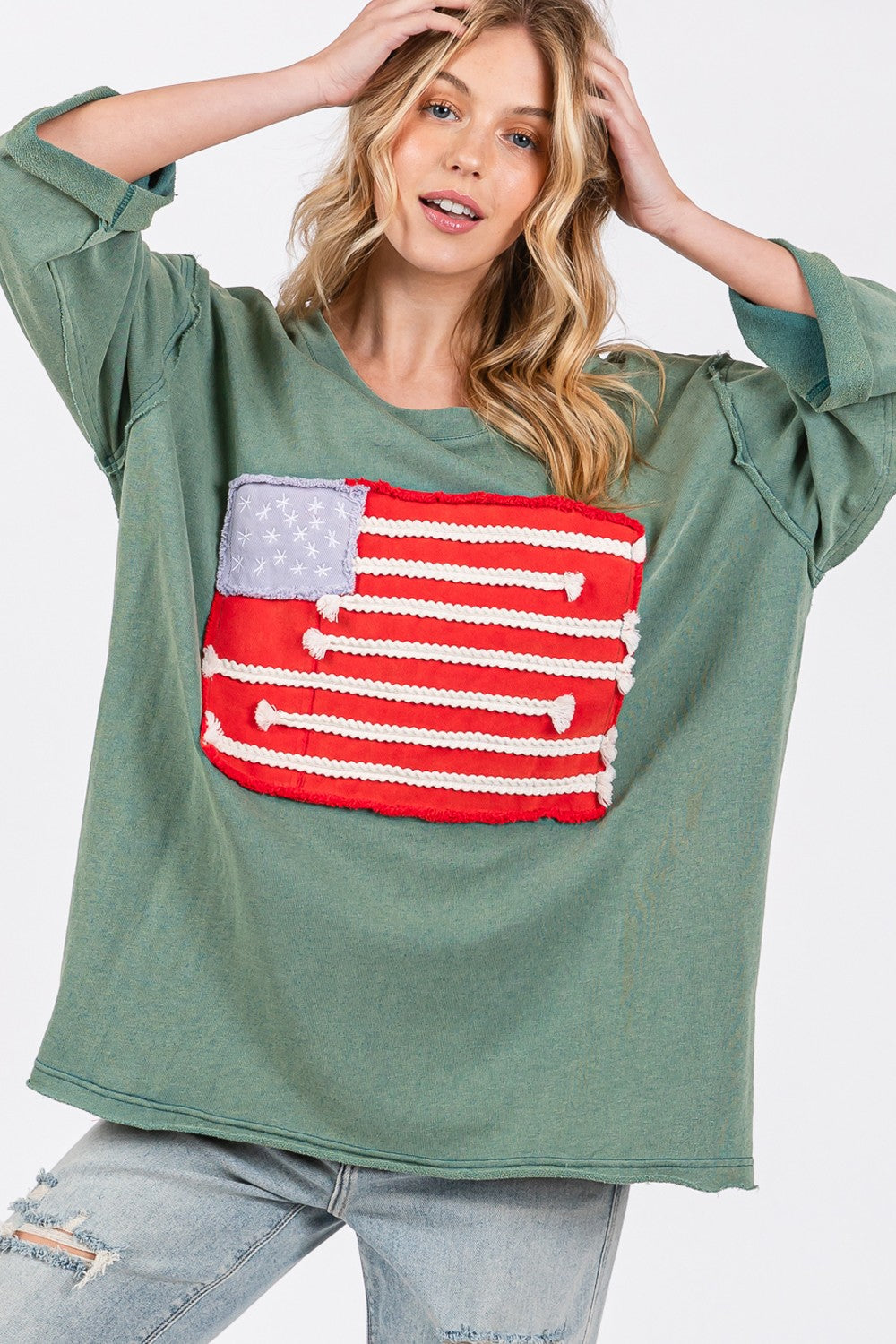 SAGE + FIG Full Size American Flag Patch Drop Shoulder T-Shirt - NeoKira Unlimited