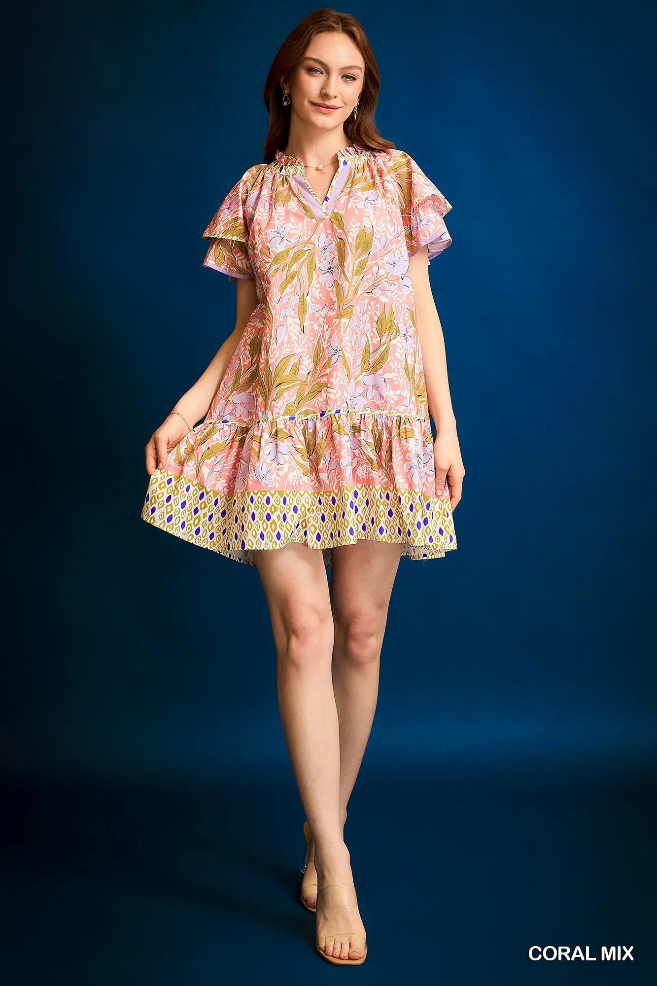 Umgee Floral Ruffle Sleeve Tunic Dress Lightweight Cotton Style - NeoKira Unlimited