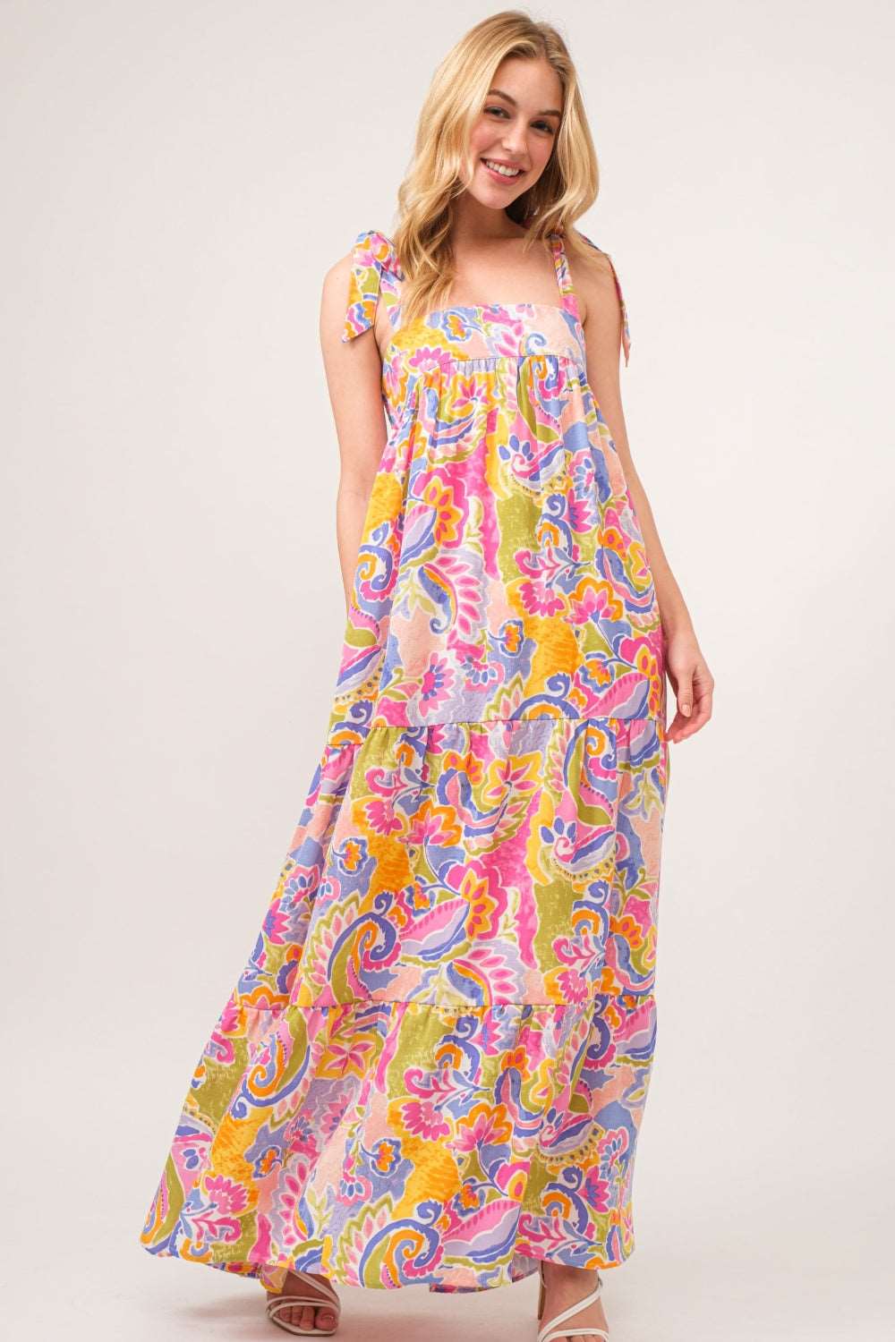 And The Why Full Size Printed Tie Shoulder Tiered Maxi Dress Maxi Dress Trendsi   