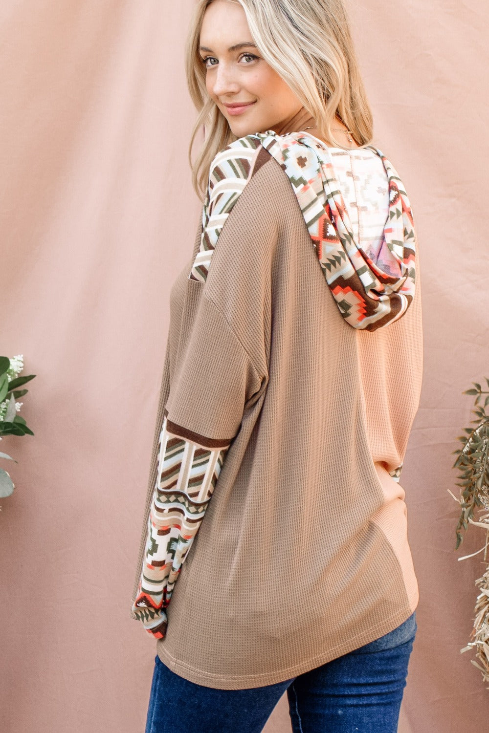 And The Why Printed Color Block Hooded Waffle Top - NeoKira Unlimited