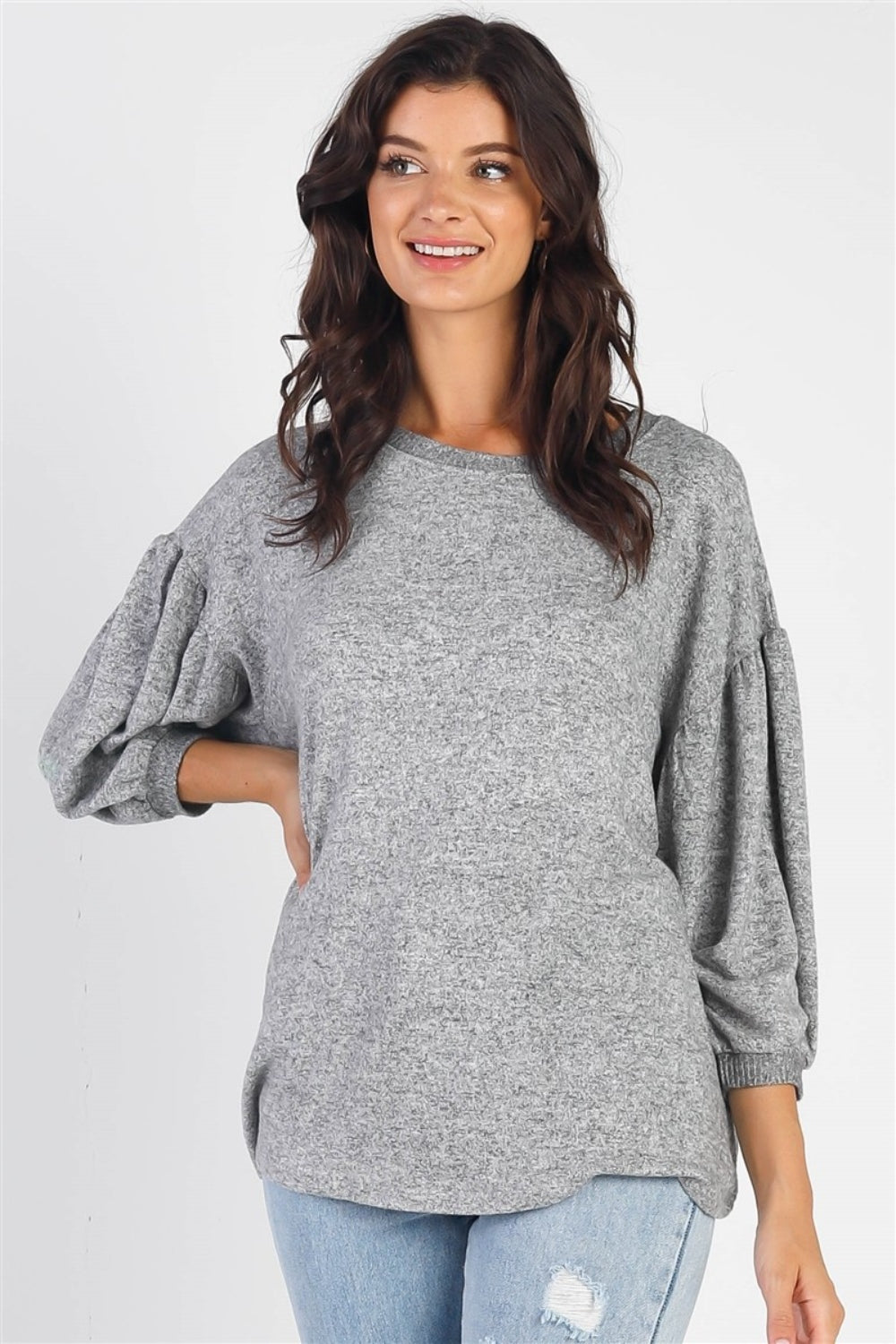 Cherish Apparel Drop Shoulder Puff Sleeve Top Top Trendsi Heather Grey S 