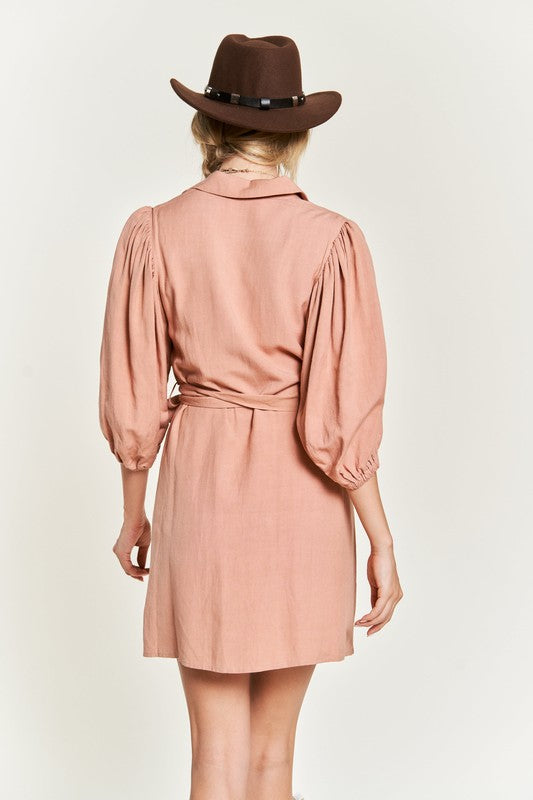 Jade By Jane Half Sleeve Belted Dress | Balloon Sleeve Linen Blend Elegance - NeoKira Unlimited