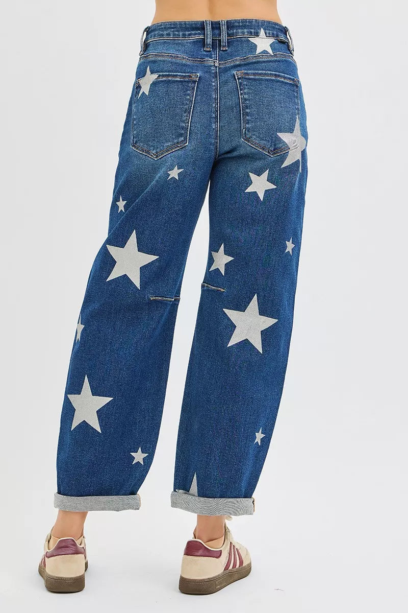 RISEN Mid Rise Ankle Length Relaxed Barrel Star Printed Jeans - NeoKira Unlimited