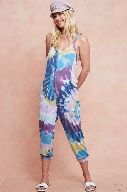 BiBi Tie Dye Knit Mid-length Casual Jumpsuit Vibrant Relaxed On Trend - NeoKira Unlimited
