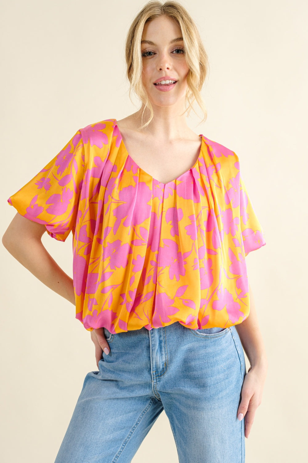 And The Why Full Size Printed Satin Bubble Hem Top - NeoKira Unlimited