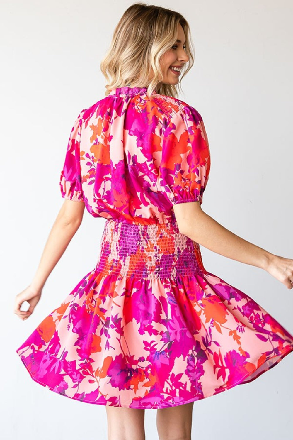 First Love Floral Print Mini Dress with Ruffled Neckline and Smocked Detail - NeoKira Unlimited