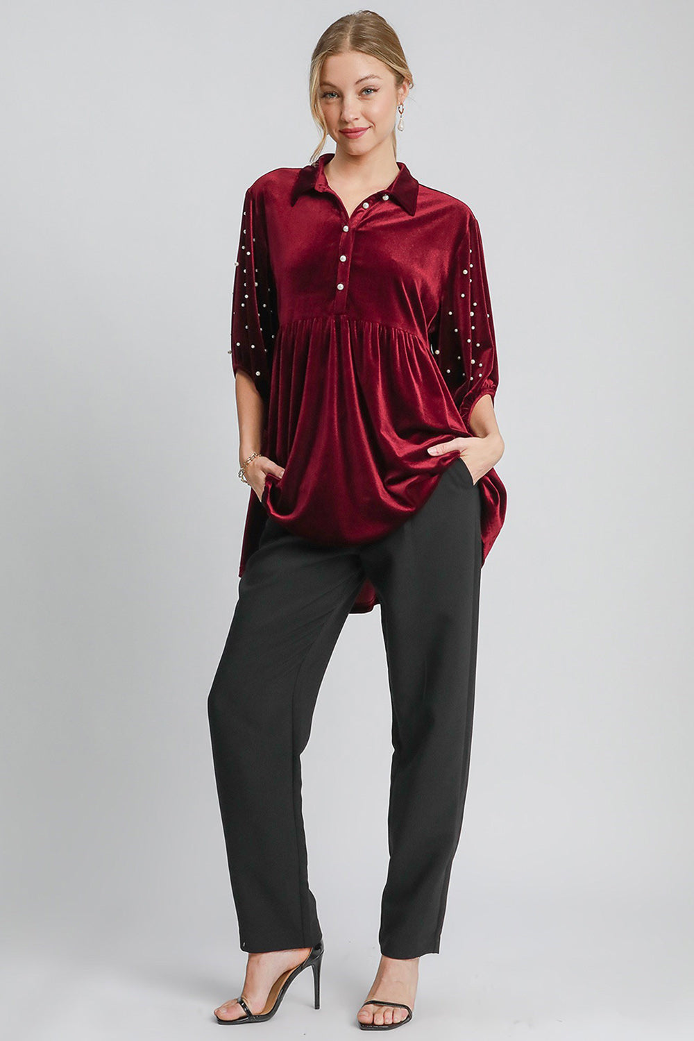 Umgee Pearl Detail Collared Neck Velvet Babydoll Blouse - NeoKira Unlimited