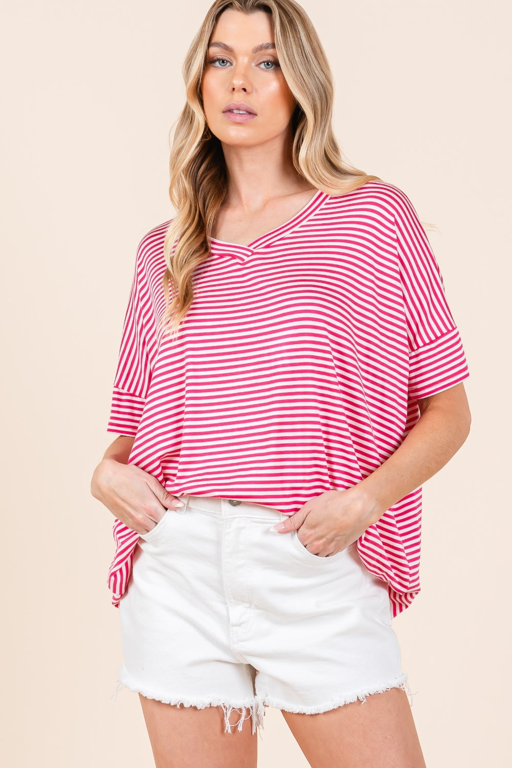 BOMBOM Striped V-Neck T-Shirt - NeoKira Unlimited