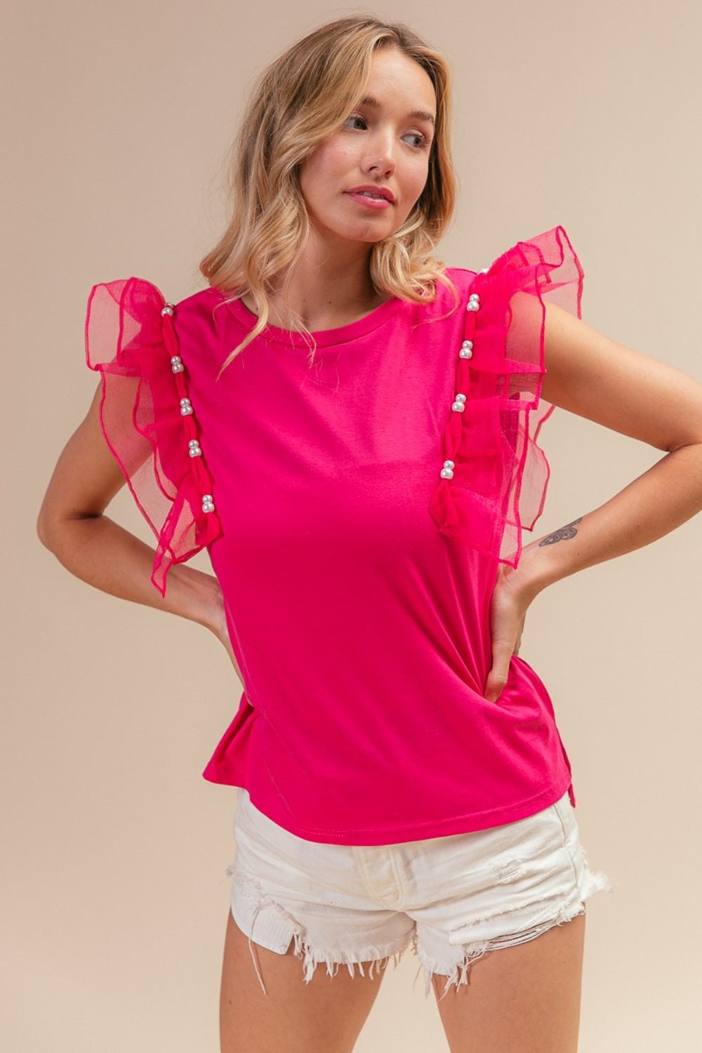 BiBi Pearl Decor Mesh Ruffle Sleeve Top - NeoKira Unlimited