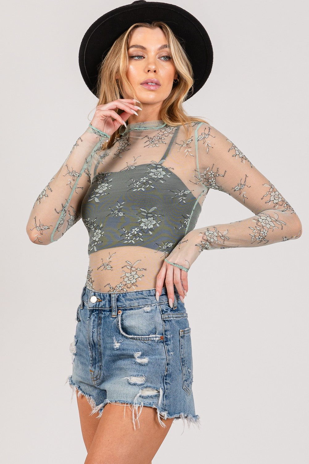 SAGE + FIG Mesh Long Sleeve Sheer Floral Embroidery Top Top Trendsi   