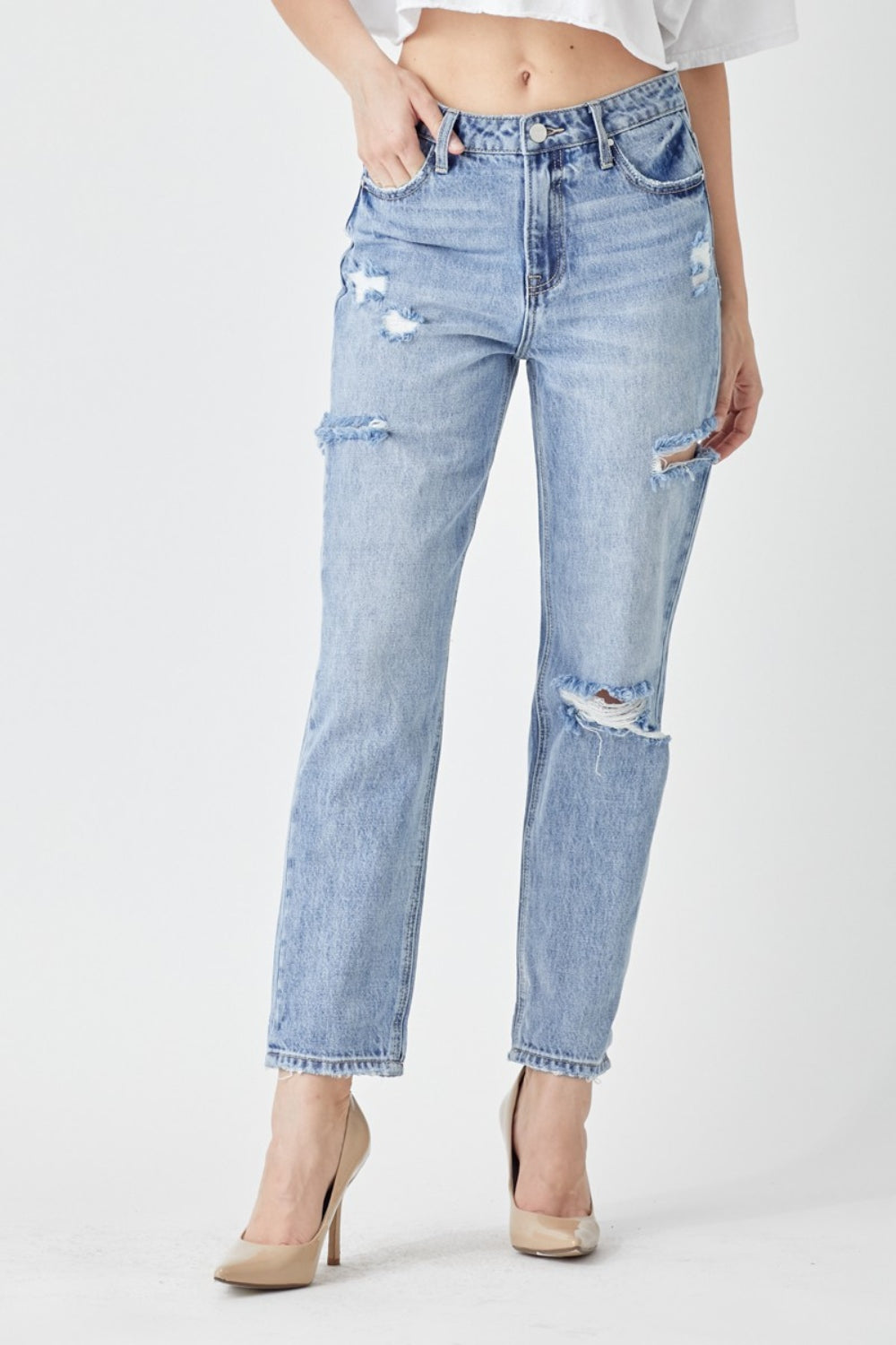 RISEN Distressed Slim Cropped Jeans Jeans Trendsi   